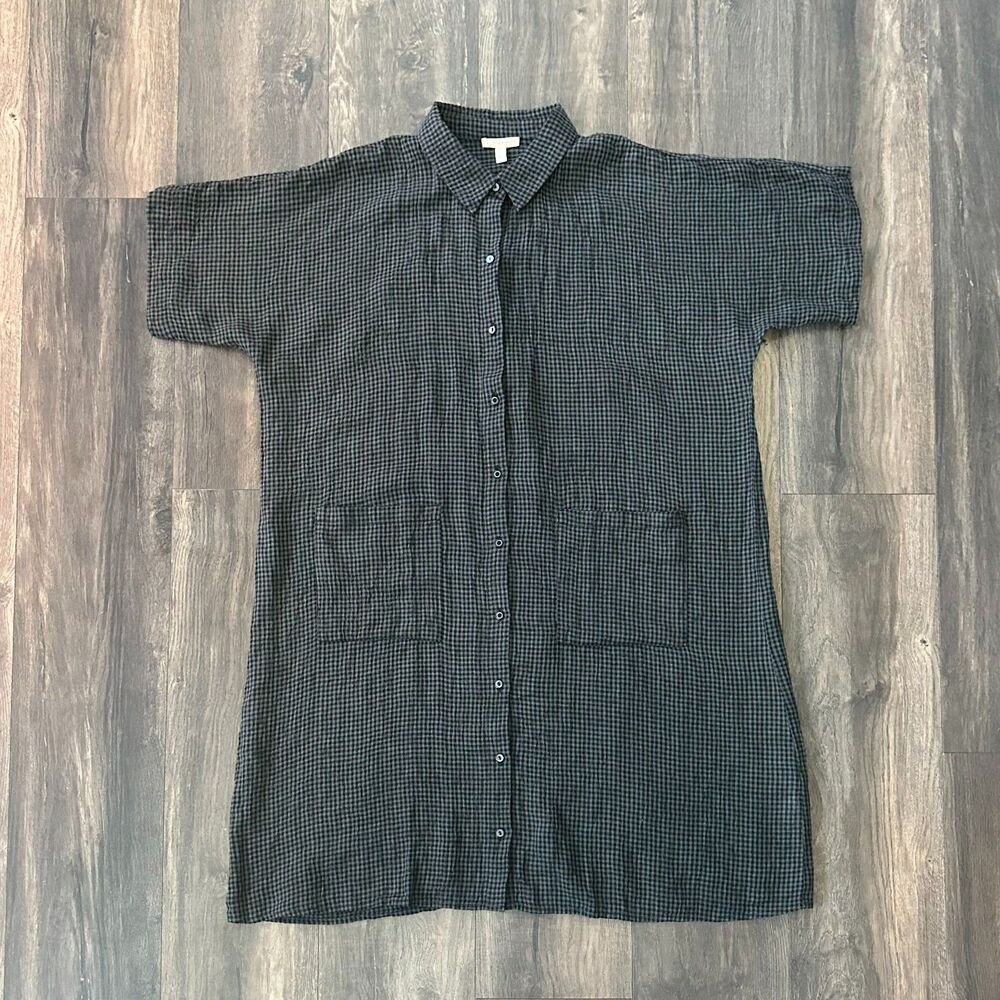 Eileen Fisher Linen Dress Mini Black Grey Grid Full Button Front Collared Size M